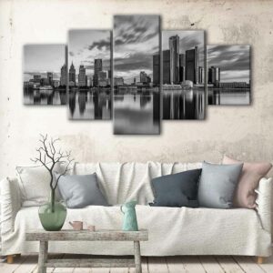 5 panels detroit black & white skyline canvas art