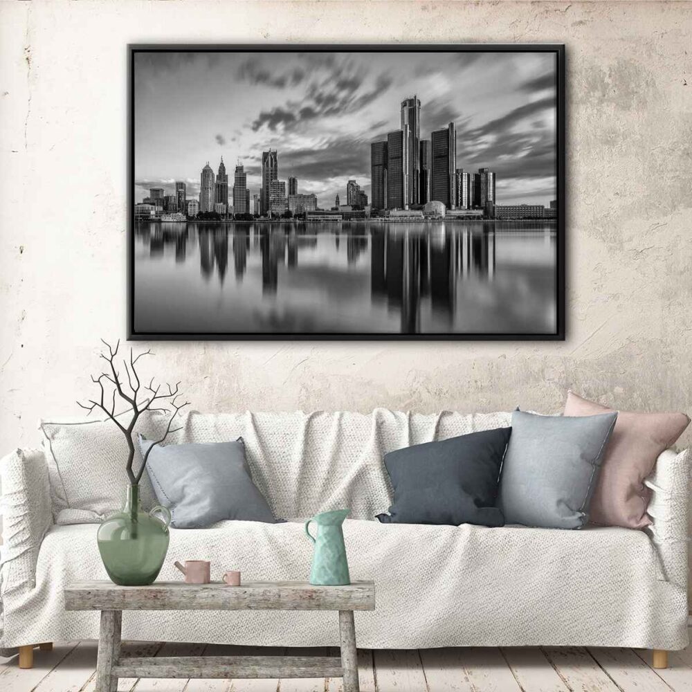 detroit black and white skyline floating frame canvas