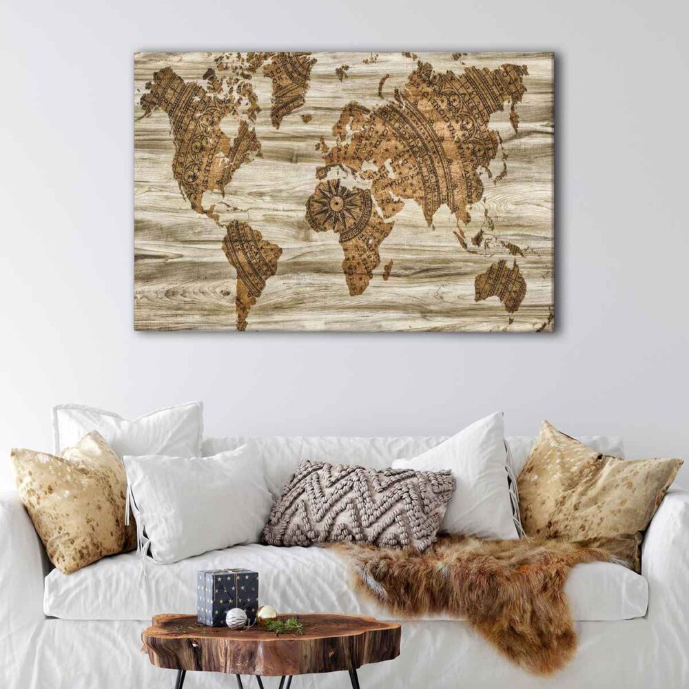 1 panels wooden world map canvas art