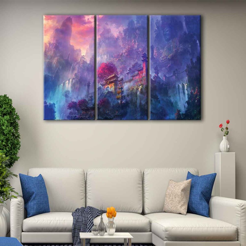 3 panels blue temple canvas art