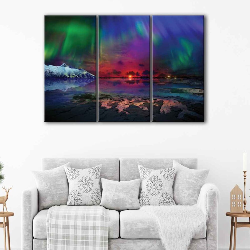 3 panels colorful northern light scanvas art