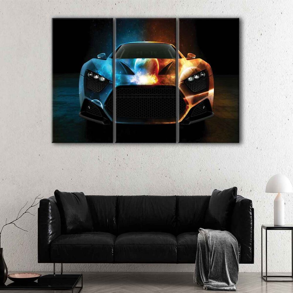 3 panels fire water super car canvas art