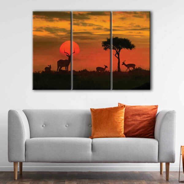  tableau tryptique coucher de soleil sur la savane