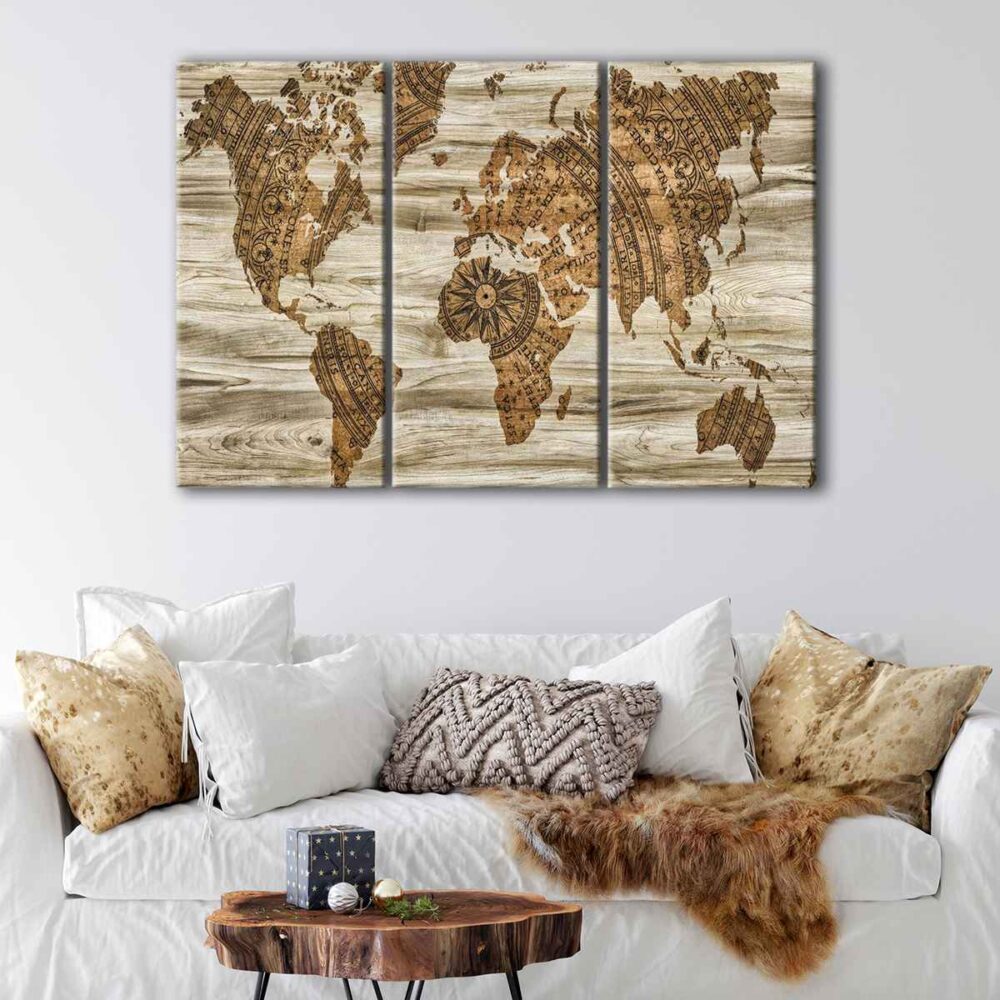 3 panels wooden world map canvas art