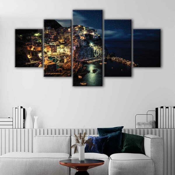 5 panels cinque terre at night canvas art