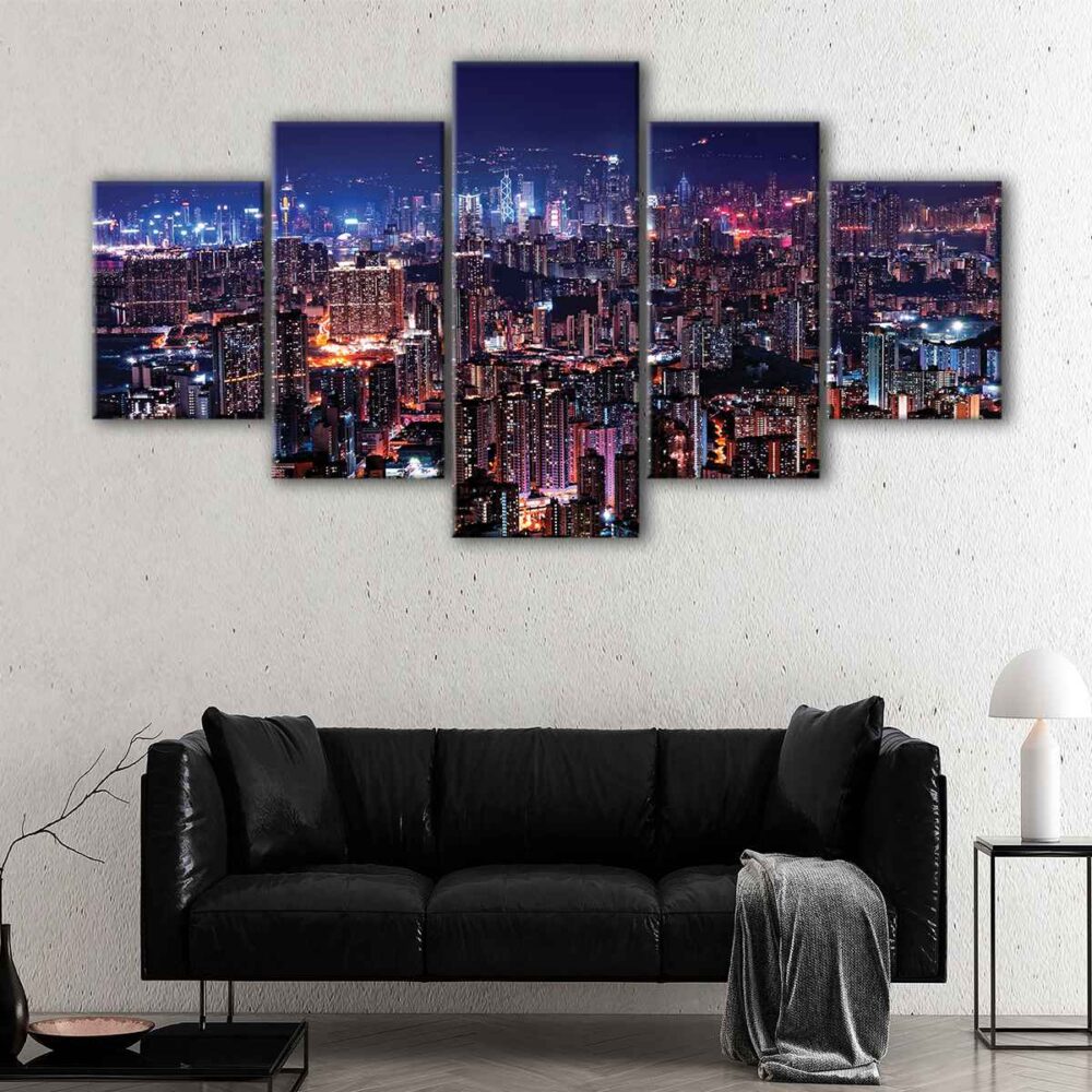 5 panels hong kong at night canvas art