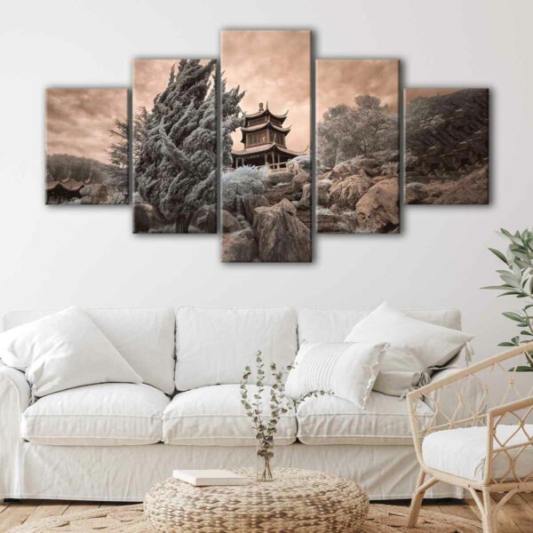 5 panels japanese temple canvas art