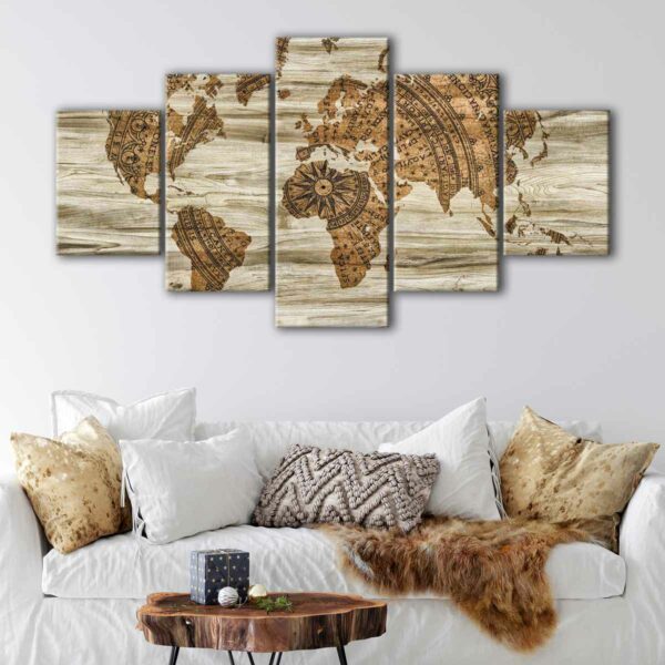 5 panels wooden world map canvas art