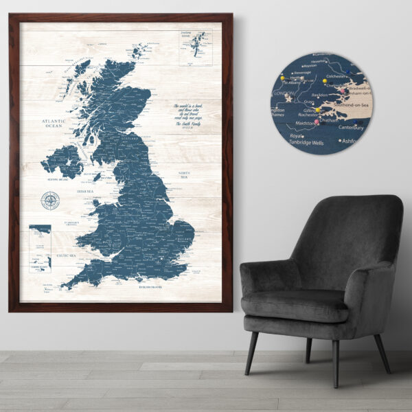 Rustic push pin UK map framed