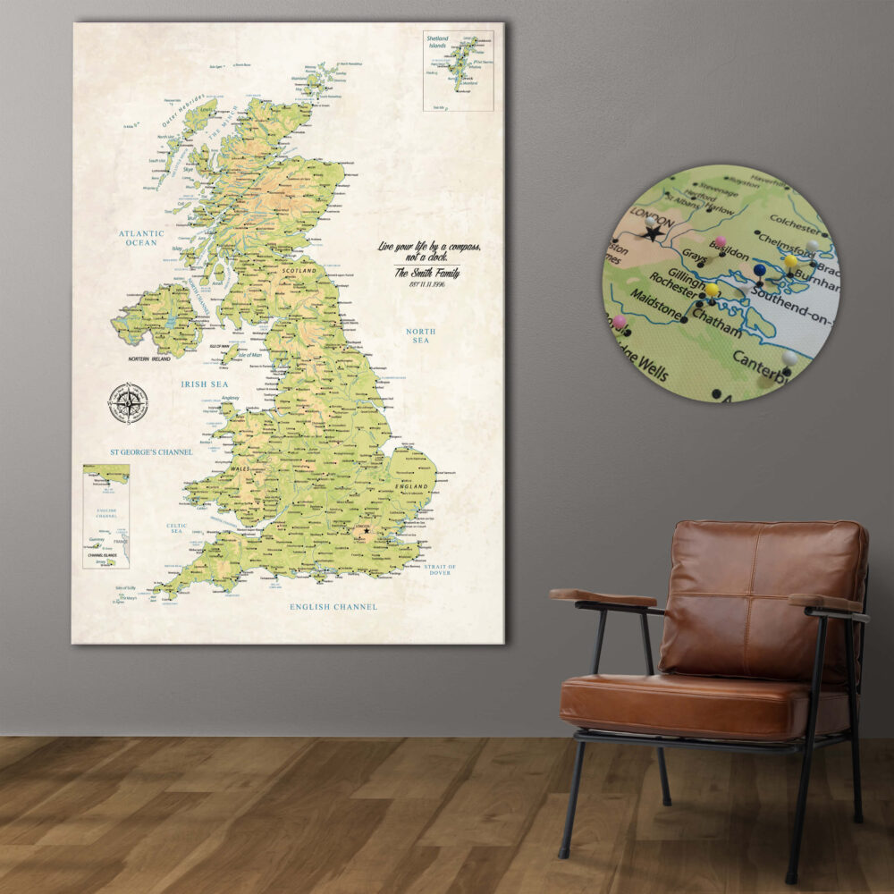 Vintage push pin UK map