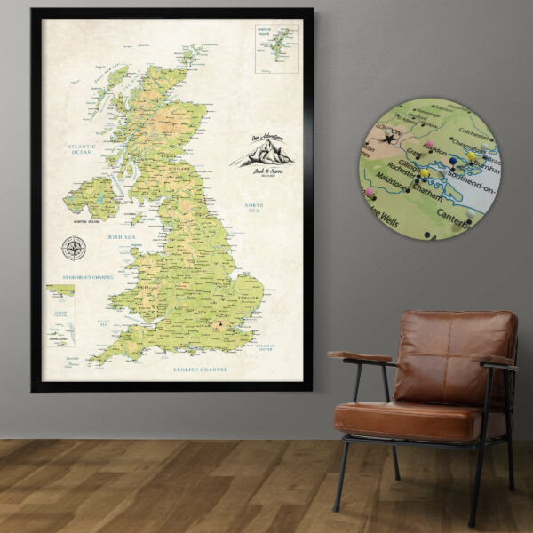 Vintage push pin UK map framed