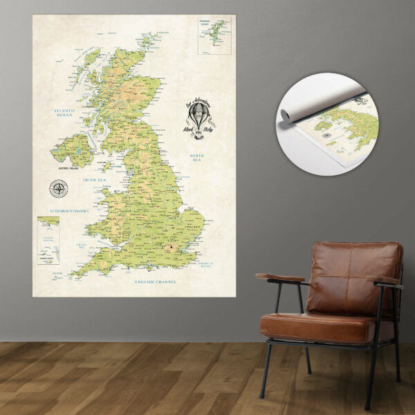 Vintage push pin UK map rolled