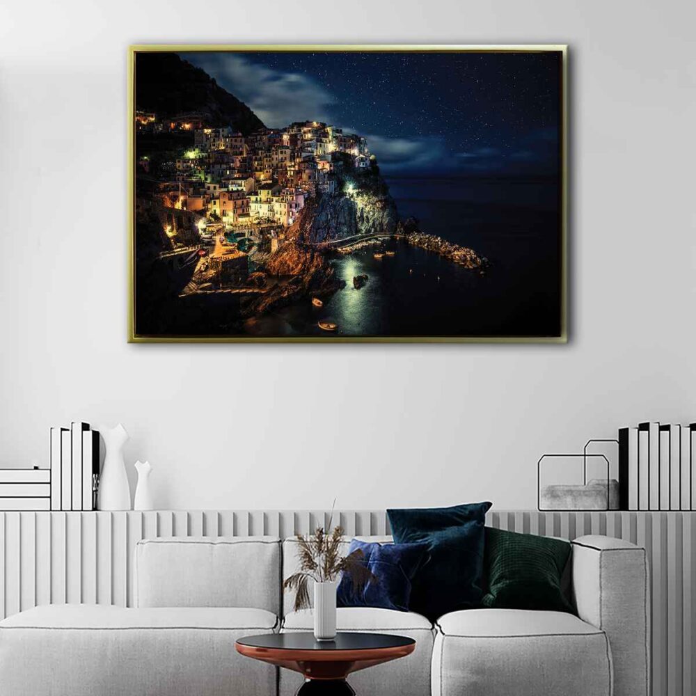 tableau les cinque terre la nuit avec cadre flottant