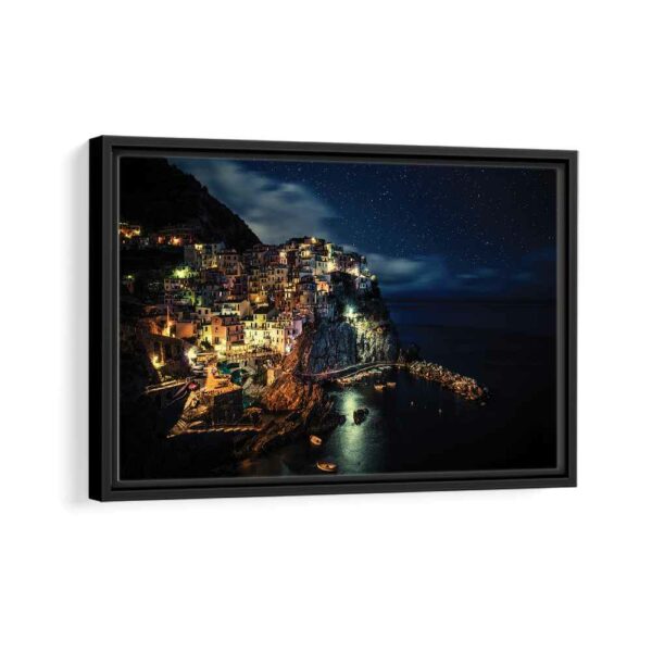 cinque terre at night framed canvas black frame