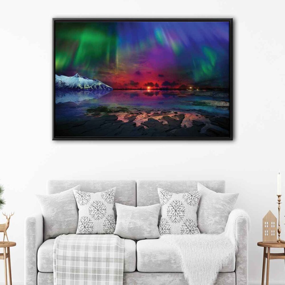 colorful northern lights floating frame canvas