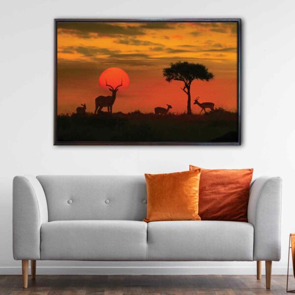 tableau coucher de soleil sur la savane avec cadre flottant