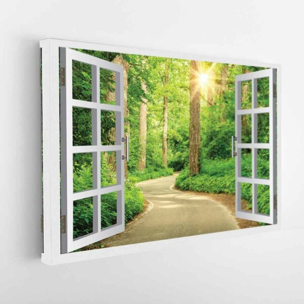 window to forest stretched canvas