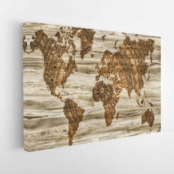 wooden world map stretched canvas