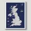 Blue & Gold push pin UK map - White frame