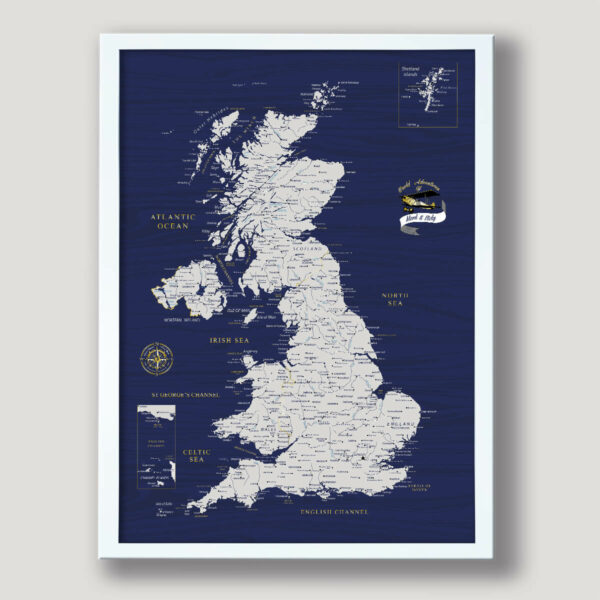 Blue & Gold push pin UK map - White frame