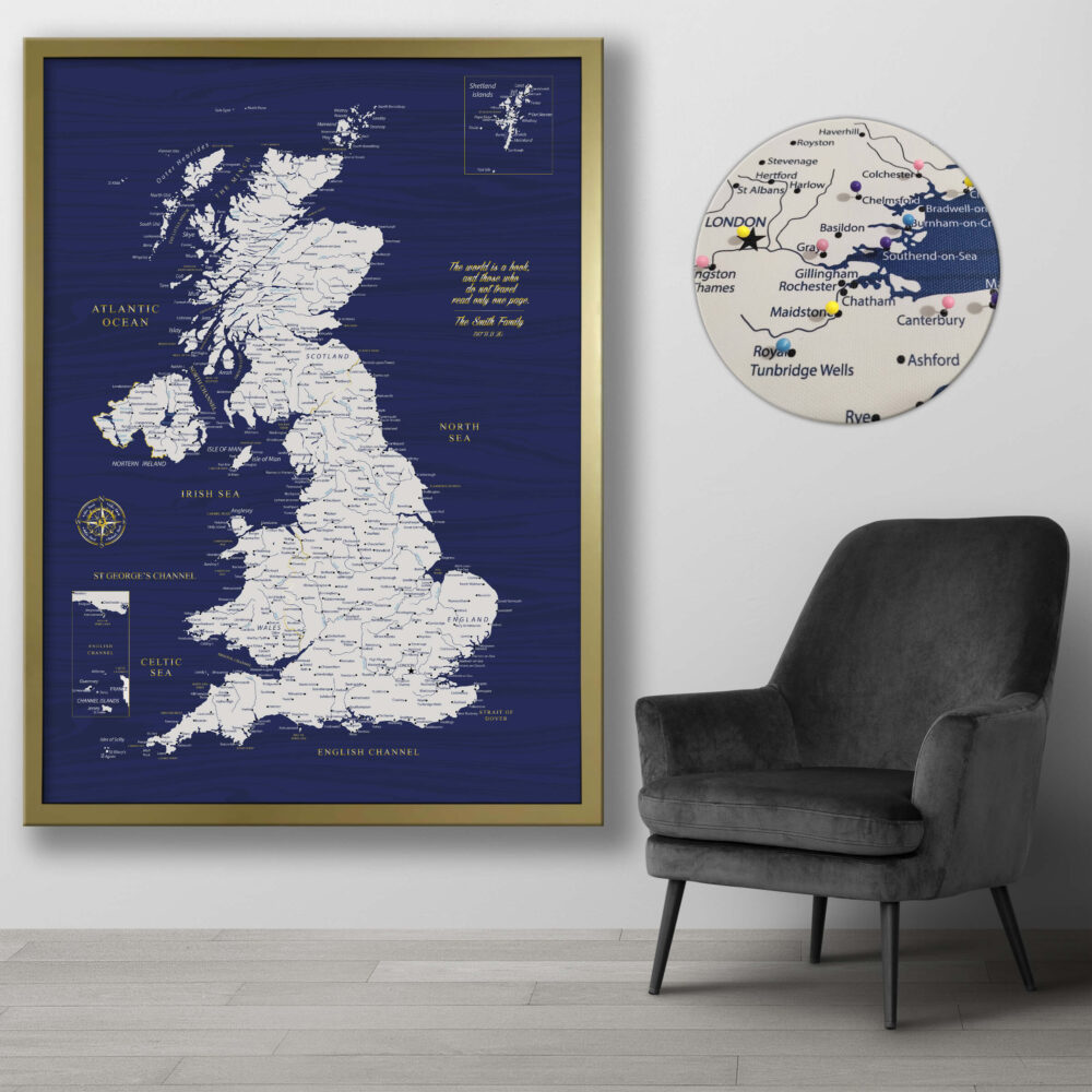 Blue & Gold push pin UK map framed