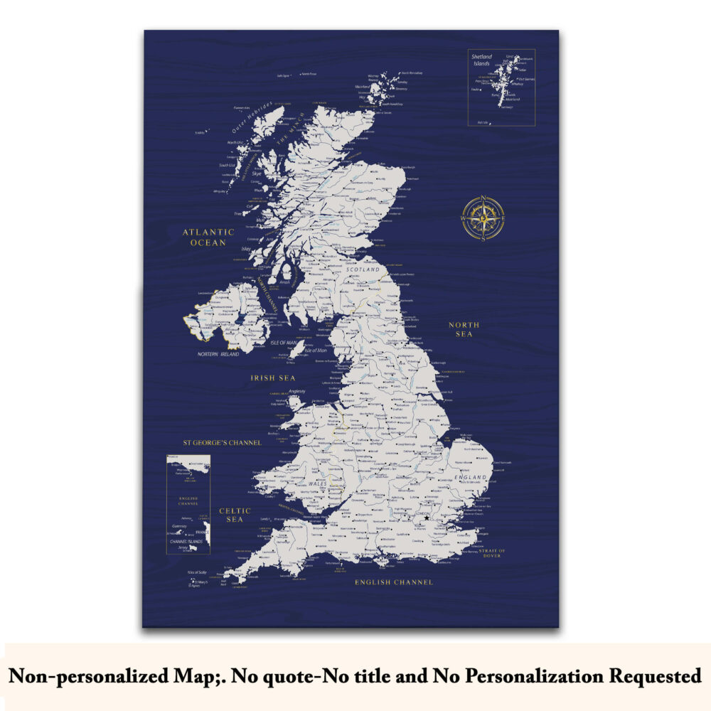 Blue & Gold push pin UK map no quote