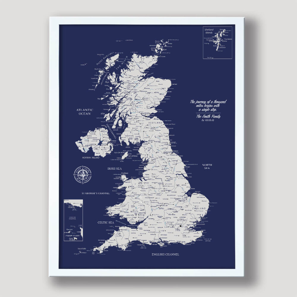 Navy Blue push pin UK map - White frame