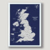 Navy Blue push pin UK map - White frame