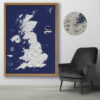Navy Blue push pin UK map framed