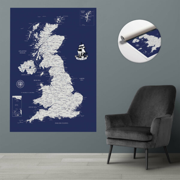 Navy Blue push pin UK map rolled