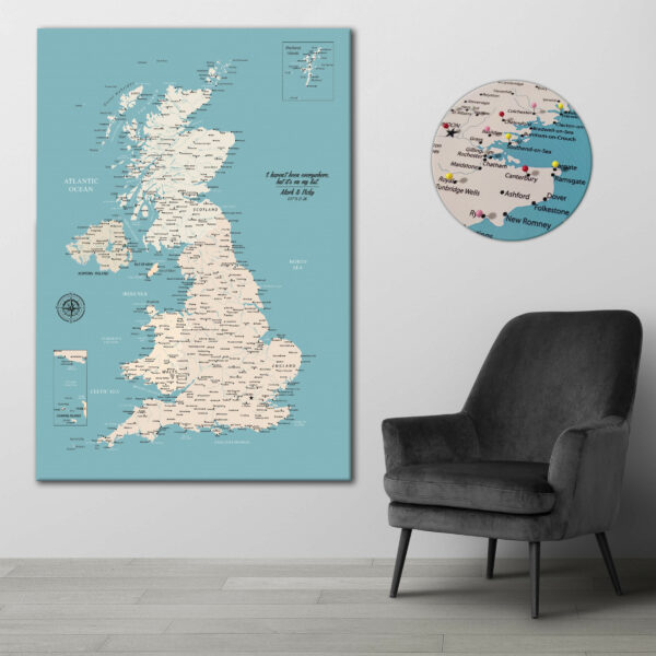 Turquoise push pin UK map
