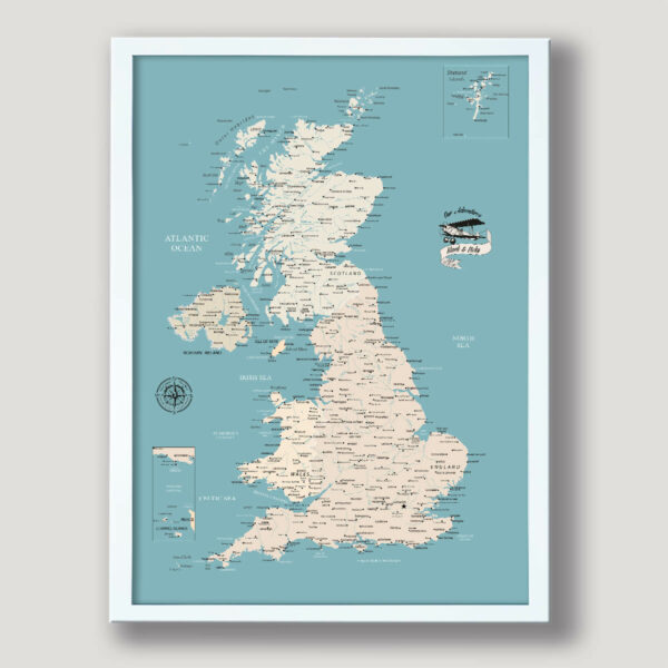 Turquoise push pin UK map - White frame