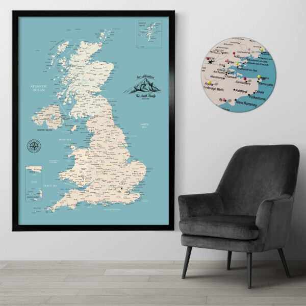 Turquoise push pin UK map framed