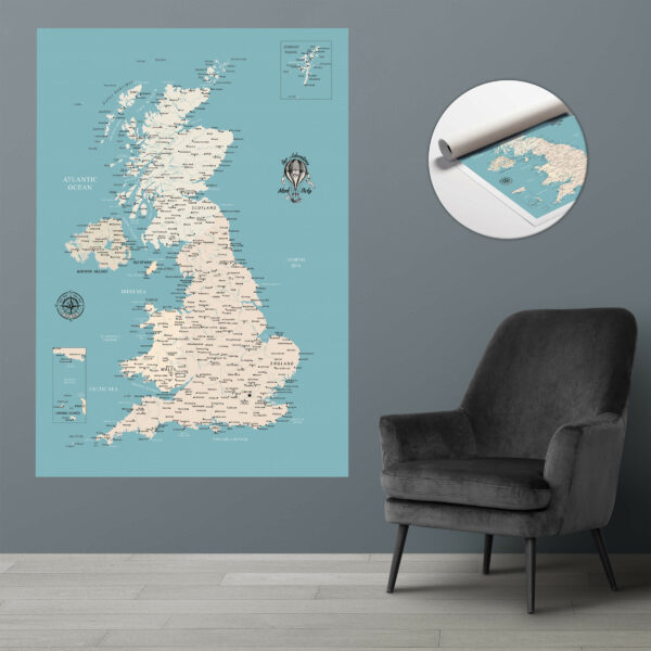 Turquoise push pin UK map rolled