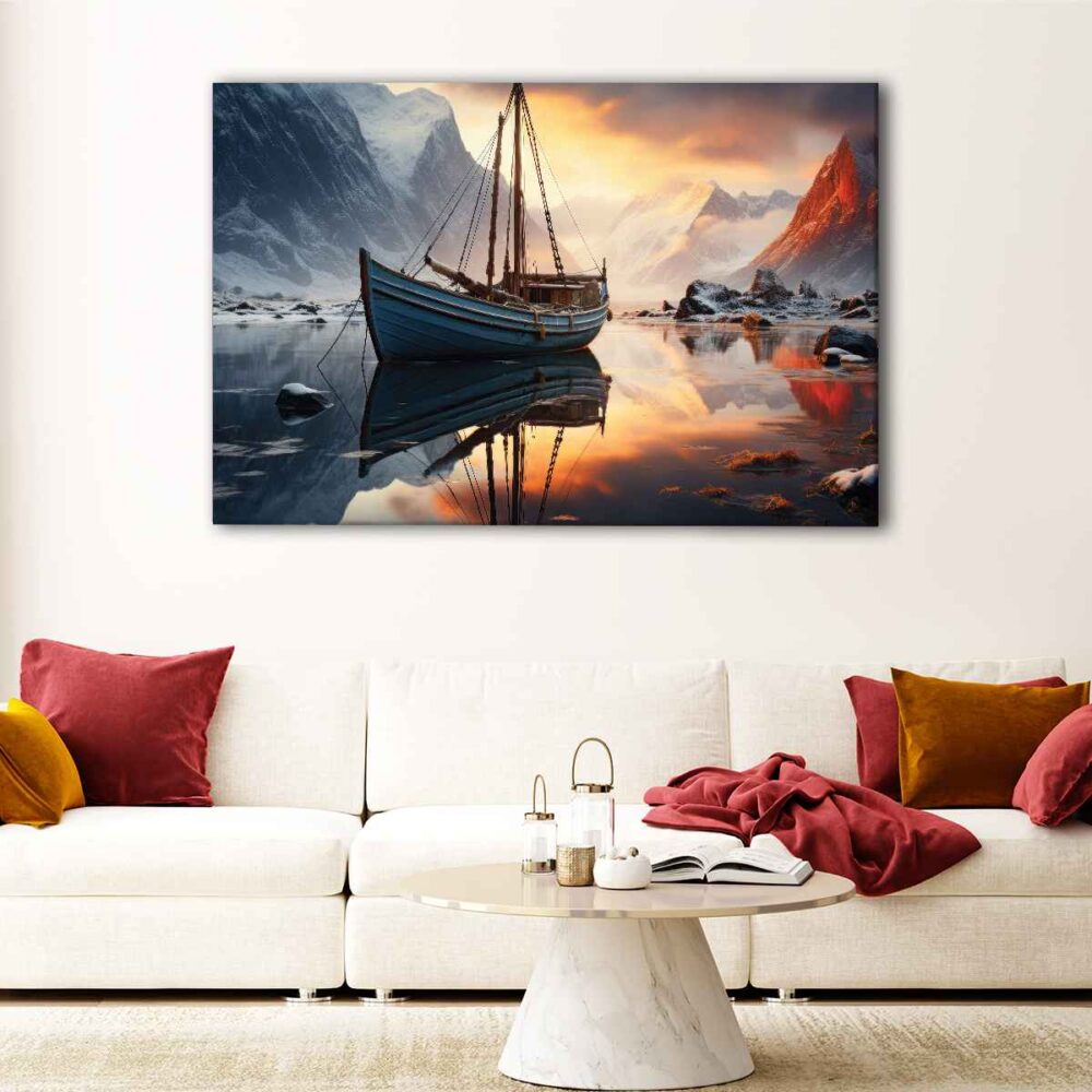 1 panels mountains boat canvas art