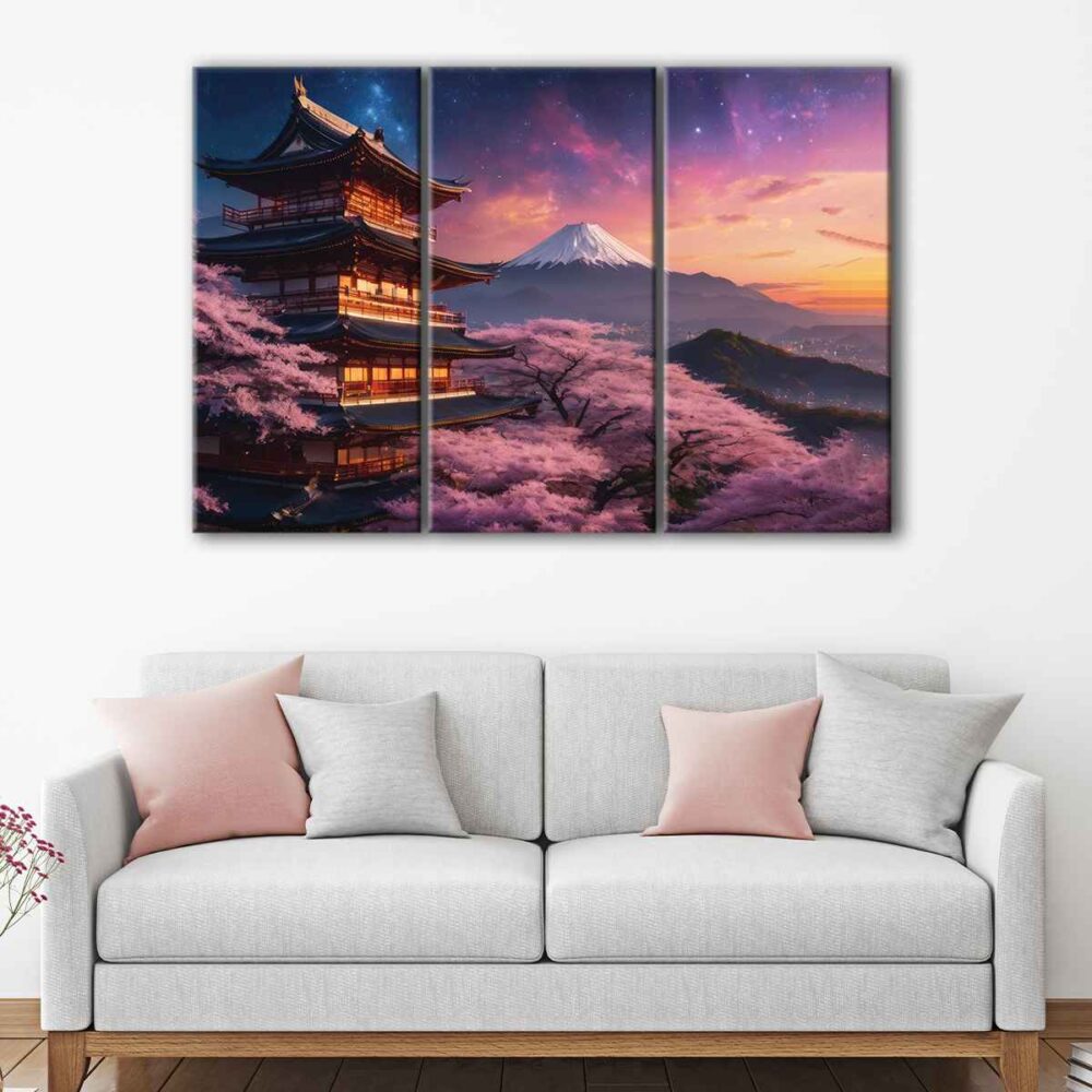 3 panels cherry blossom temple canvas art