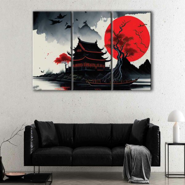 3 panels japan red moon canvas art