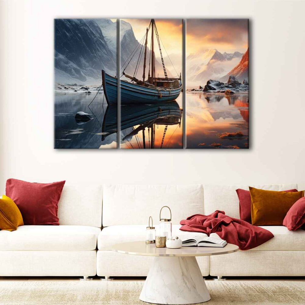 3 panels mountains boat canvas art