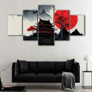 5 panels japan red moon canvas art