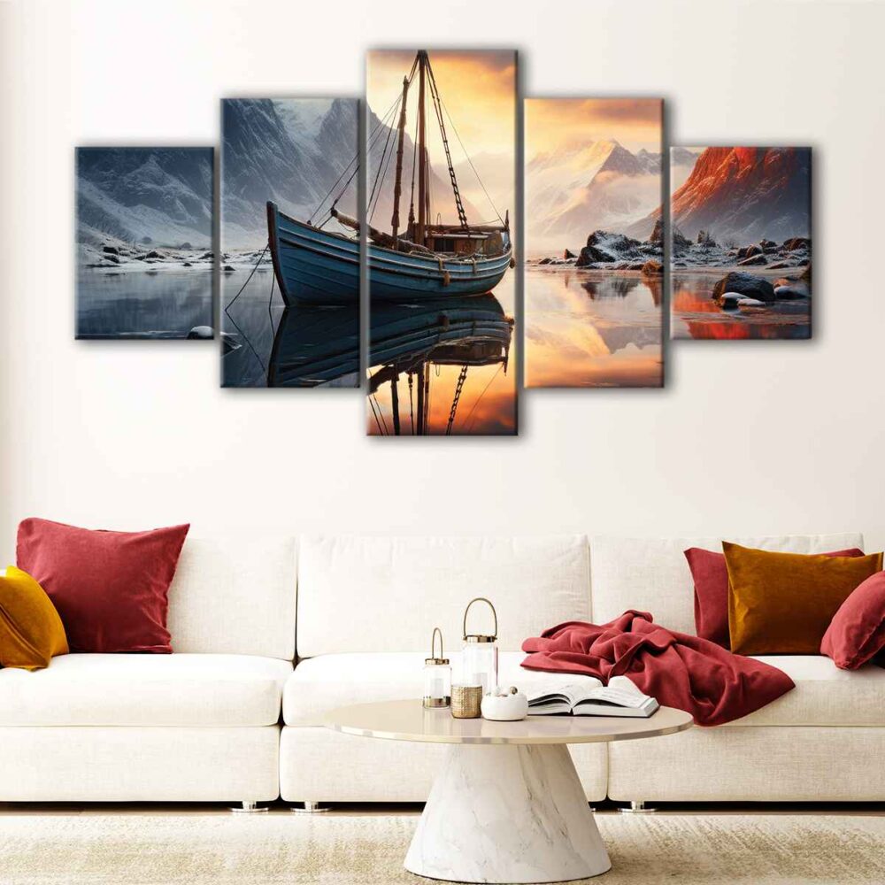 5 panels mountains boat canvas art