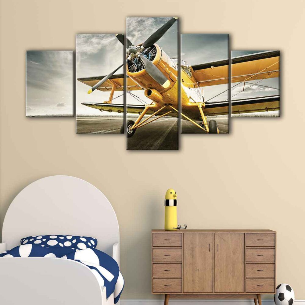 5 panels yellow aircraft canvas art