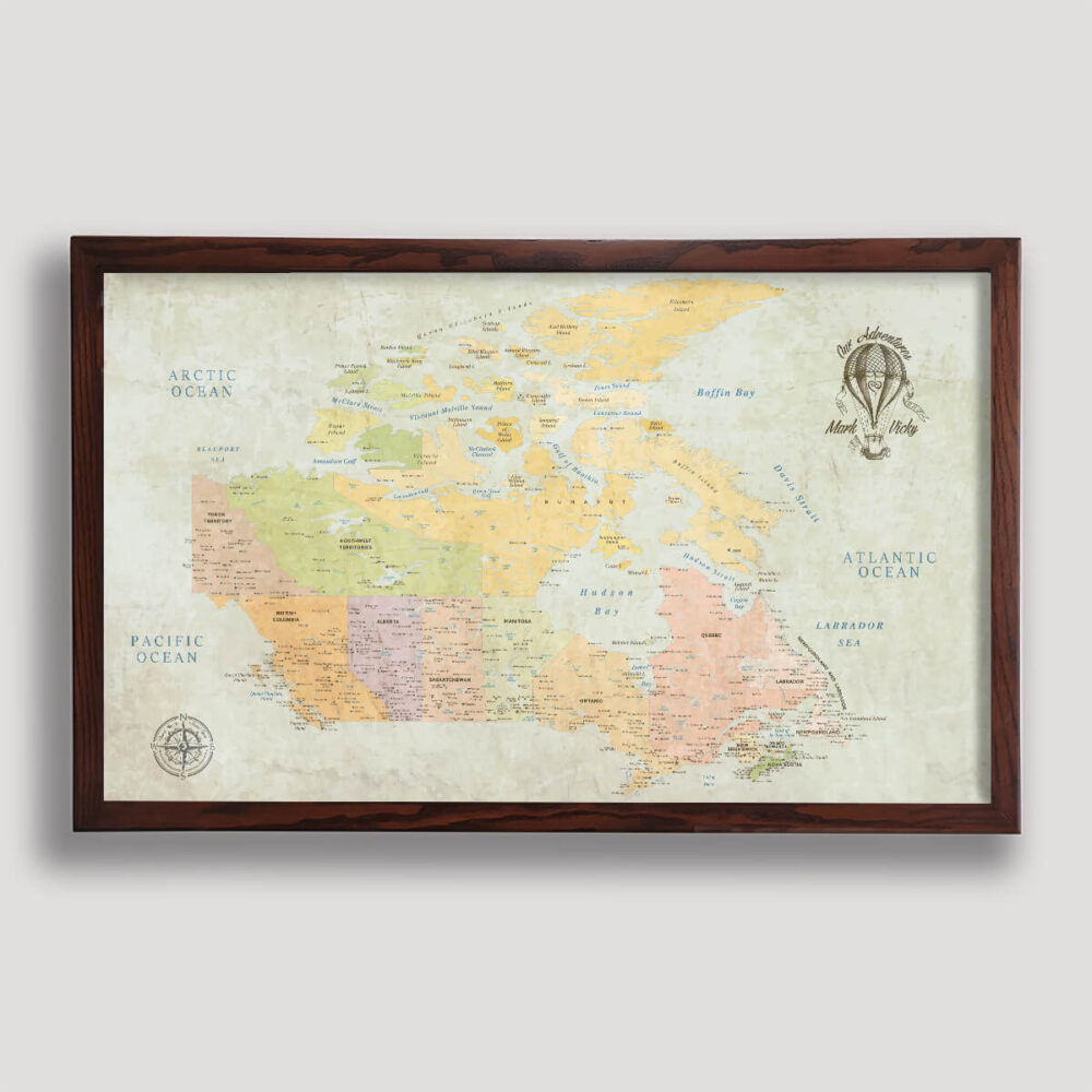 Classic push pin Canada map - Brown frame