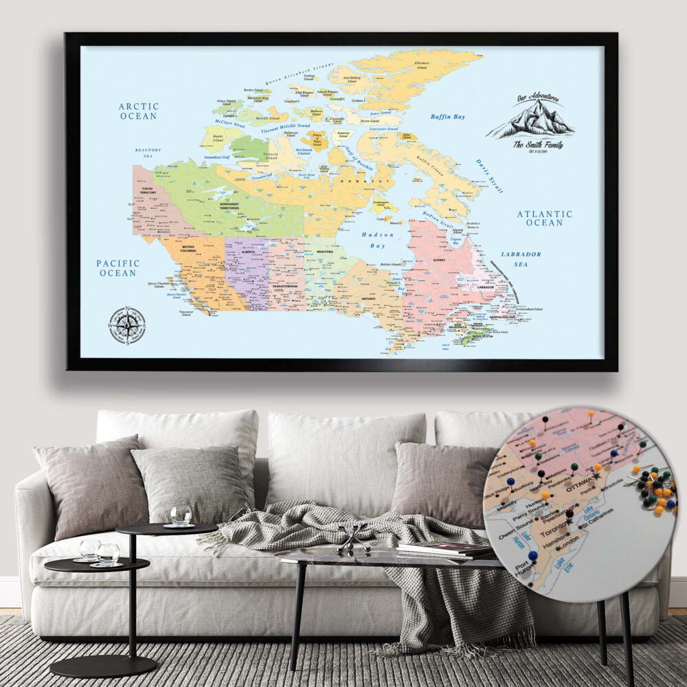 Colorful push pin Canada map framed