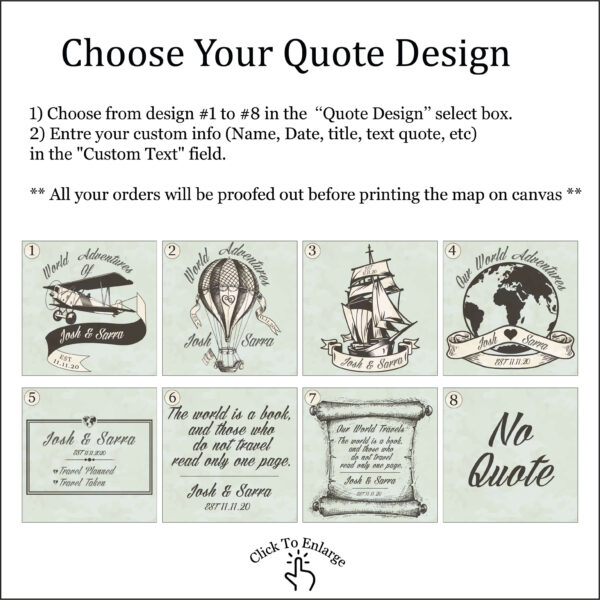 Vintage push pin world map quote personalization