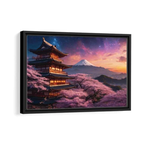cherry blossom temple framed canvas black frame
