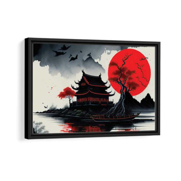 japan red moon framed canvas black frame