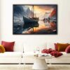 mountains boat floating frame canvas