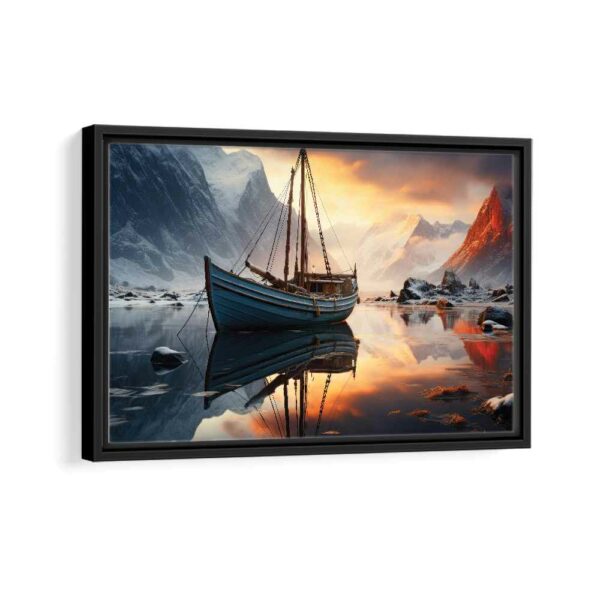 mountains boat framed canvas black frame