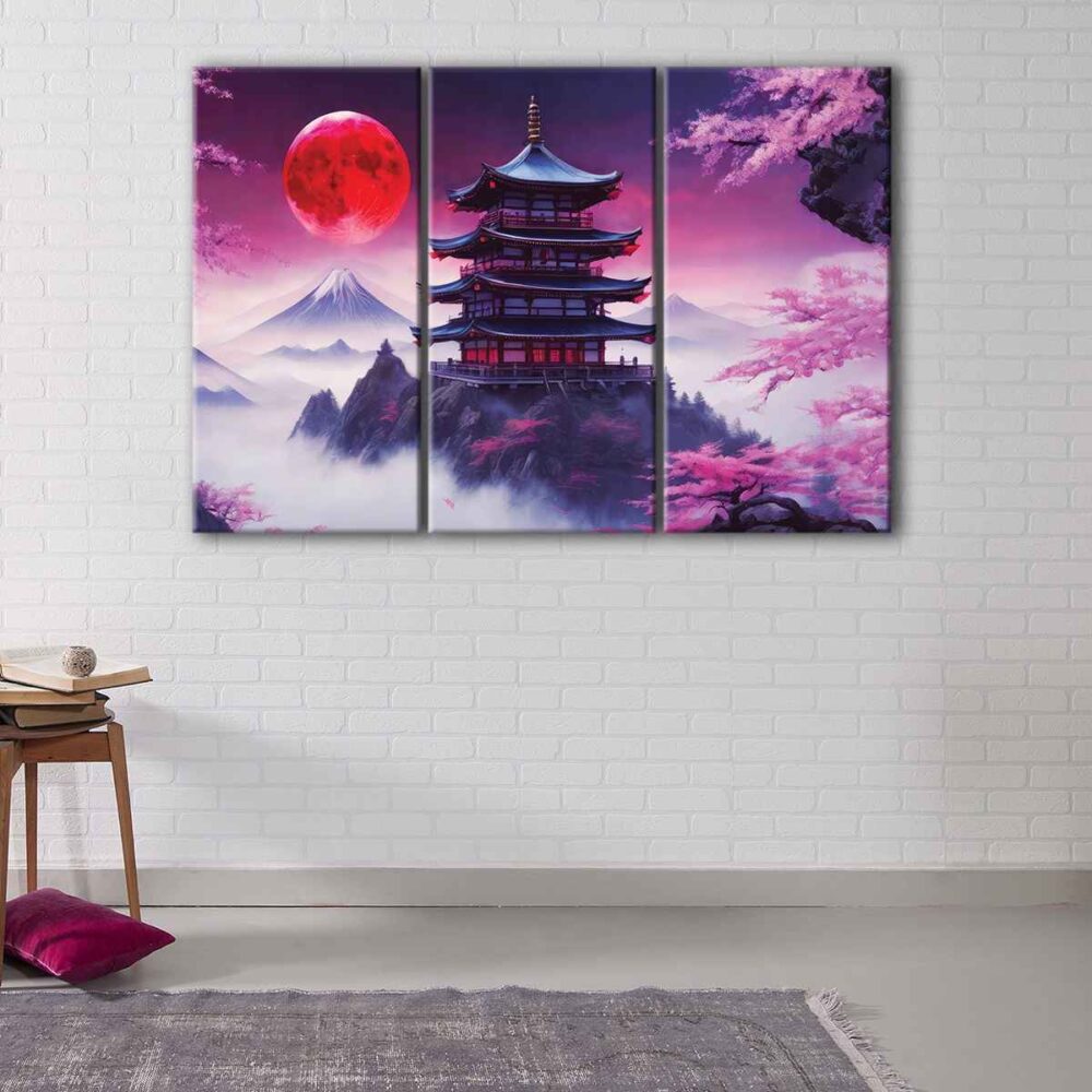 3 panels red moon temple canvas art