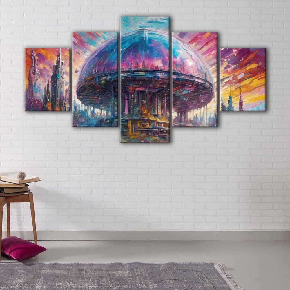 5 panels alien city canvas art